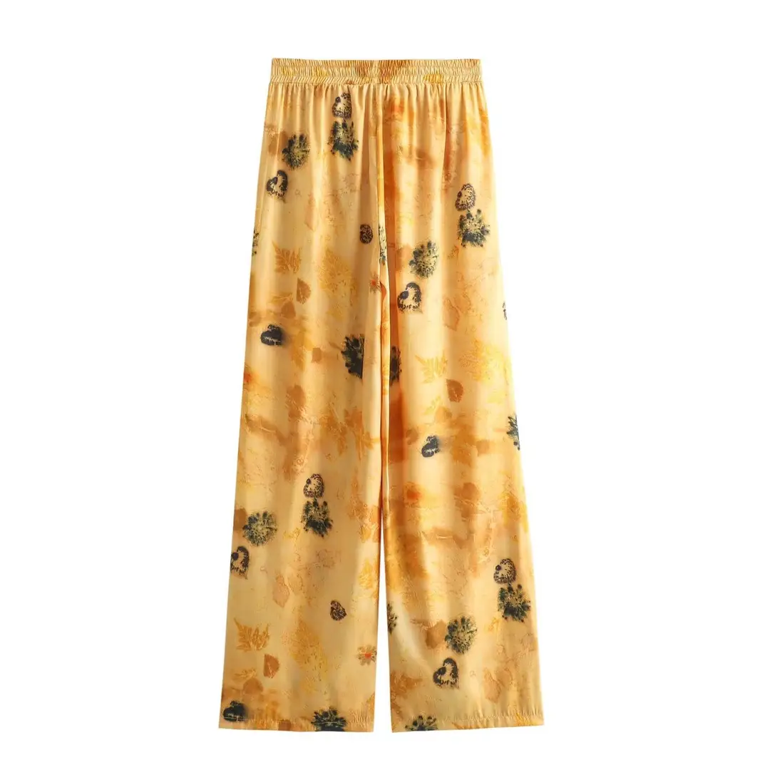 10303-spring new women's European and American style lapel silk satin texture printed shirt casual pants suit — feature 17