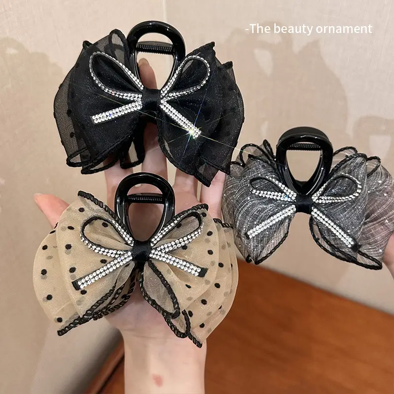 Black Rhinestone Bow Hairpin for Women