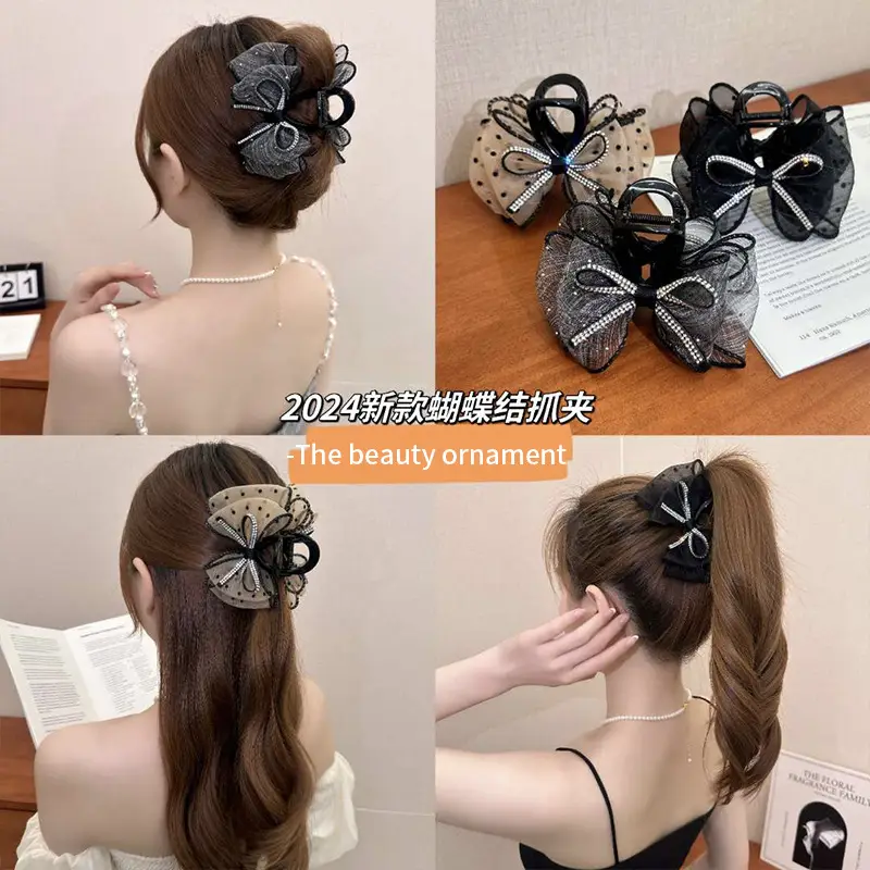 Black Rhinestone Bow Hairpin for Women
