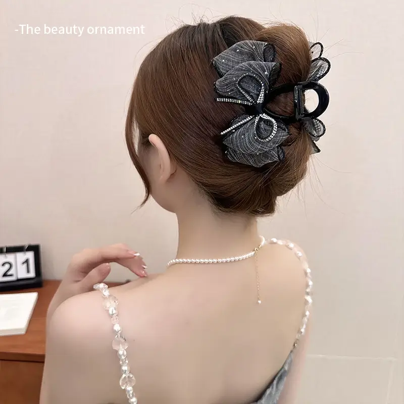 Black Rhinestone Bow Hairpin for Women