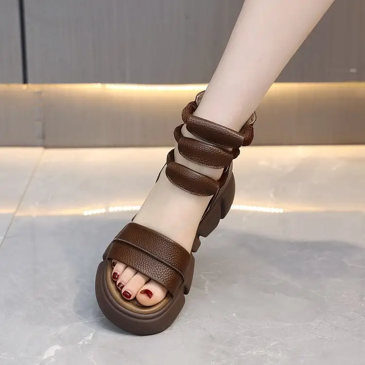 Brown Leather Peep Toe Sandals for Women