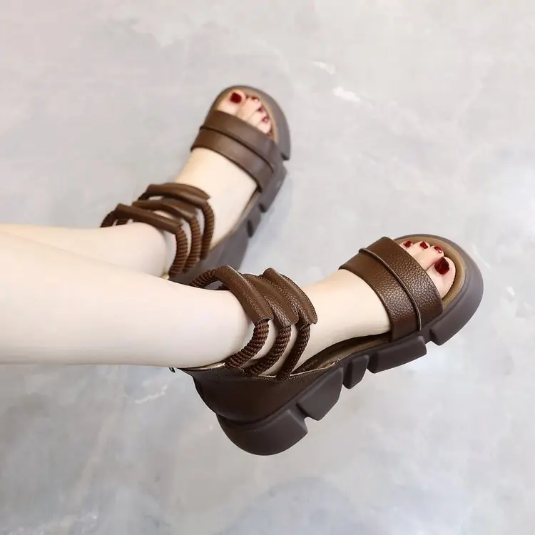 Brown Leather Peep Toe Sandals for Women — feature 7