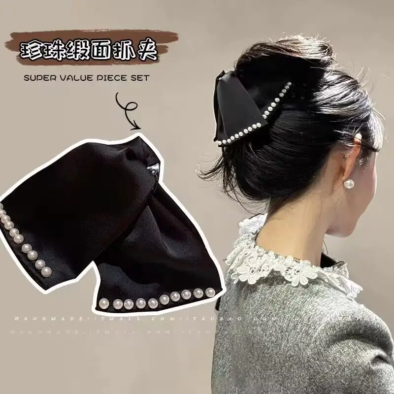 Vintage Pearl Bow Hairpin for Women Black