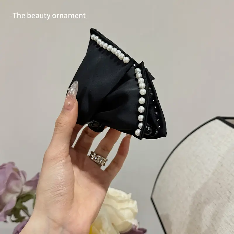 Vintage Pearl Bow Hairpin for Women Black — feature 3