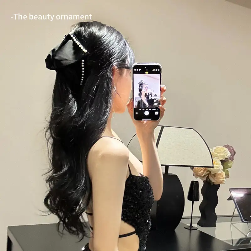 Vintage Pearl Bow Hairpin for Women Black — feature 4
