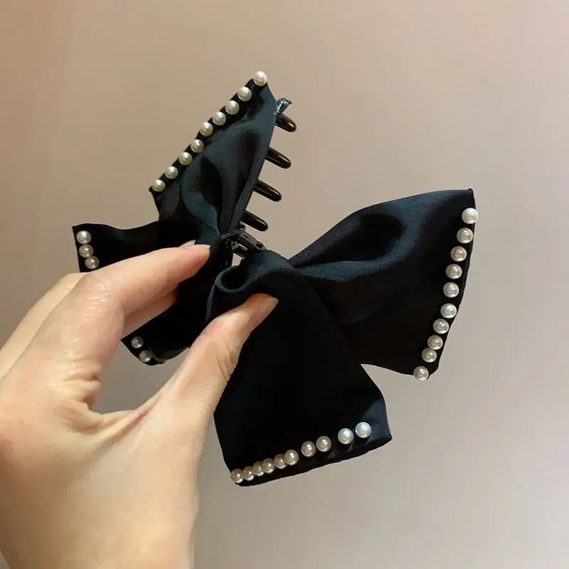Vintage Pearl Bow Hairpin for Women Black — feature 6