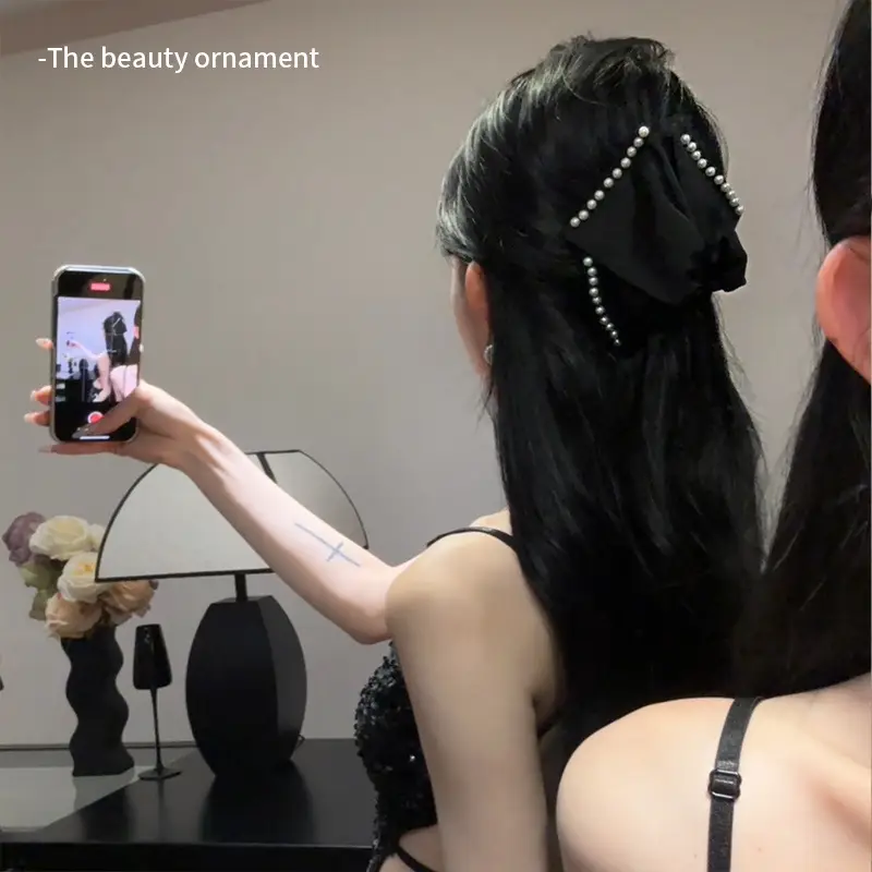 Vintage Pearl Bow Hairpin for Women Black — feature 7