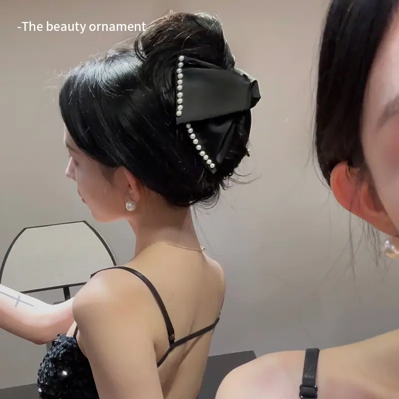 Vintage Pearl Bow Hairpin for Women Black — feature 8