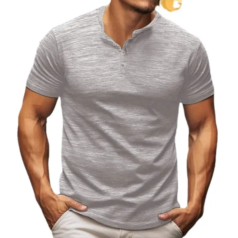 Men Button T-Shirt Blue Henry Collar Summer Casual - Image 11