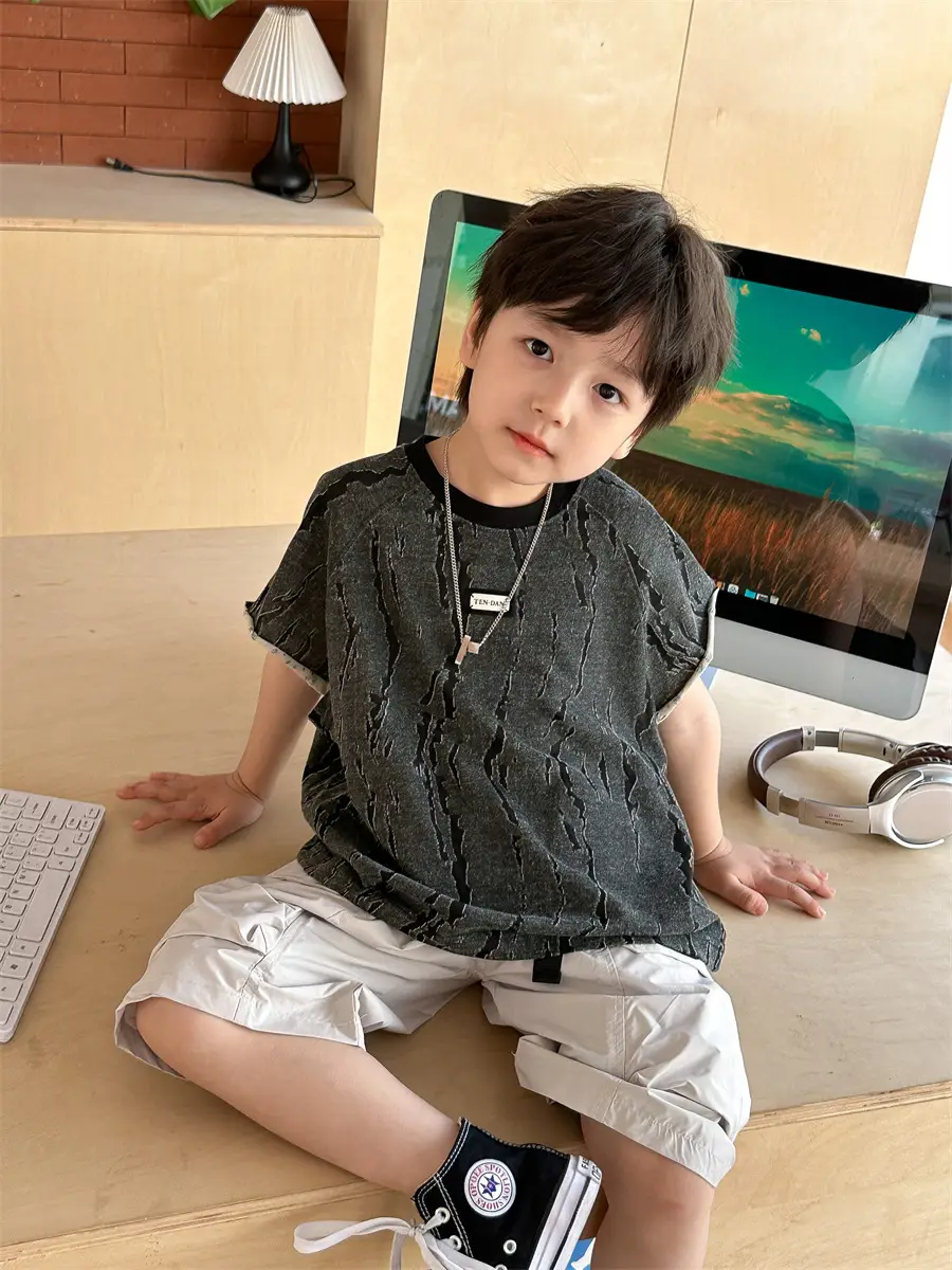 Kids Jacquard T-Shirt Navy Grey Summer Boys - Image 2