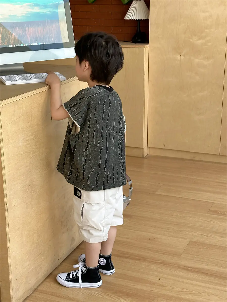 Kids Jacquard T-Shirt Navy Grey Summer Boys - Image 4
