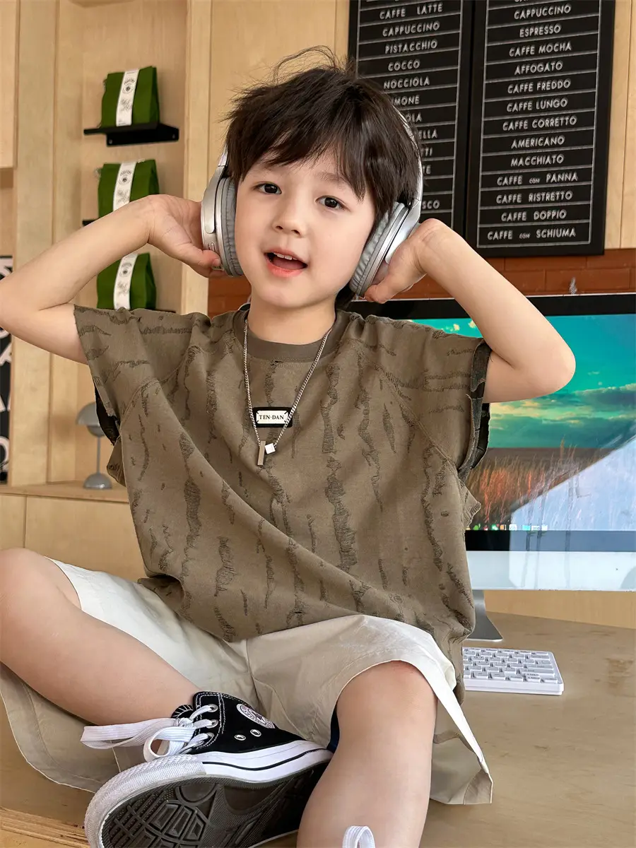 Kids Jacquard T-Shirt Navy Grey Summer Boys - Image 6