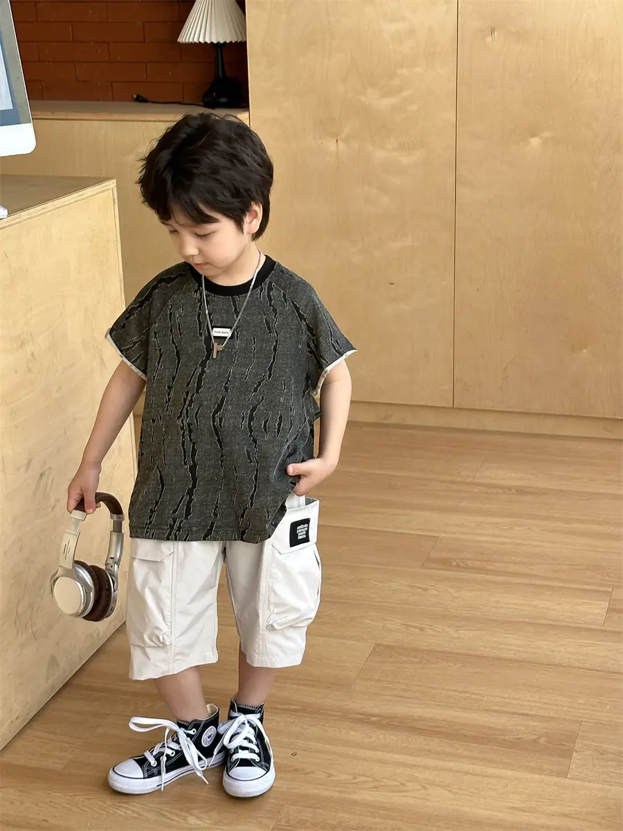 Kids Jacquard T-Shirt Navy Grey Summer Boys — feature 13