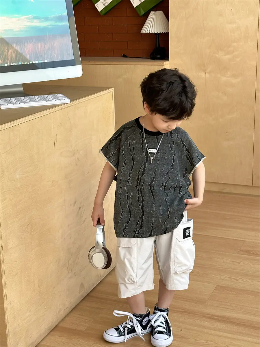 Kids Jacquard T-Shirt Navy Grey Summer Boys — feature 14