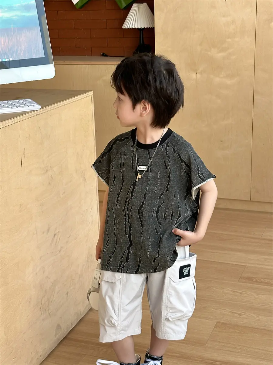 Kids Jacquard T-Shirt Navy Grey Summer Boys — feature 15