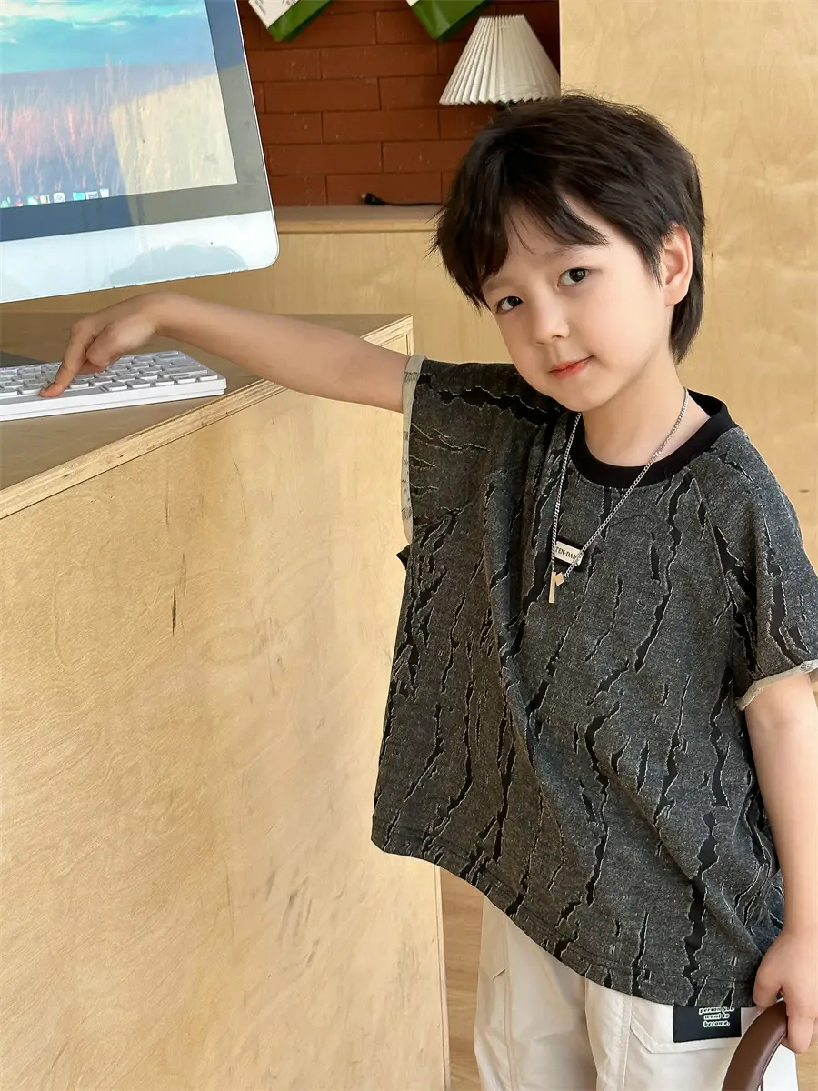 Kids Jacquard T-Shirt Navy Grey Summer Boys — feature 17