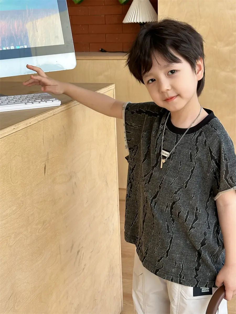 Kids Jacquard T-Shirt Navy Grey Summer Boys — feature 18