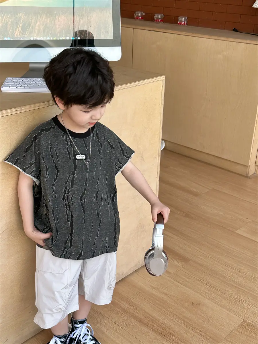 Kids Jacquard T-Shirt Navy Grey Summer Boys — feature 21