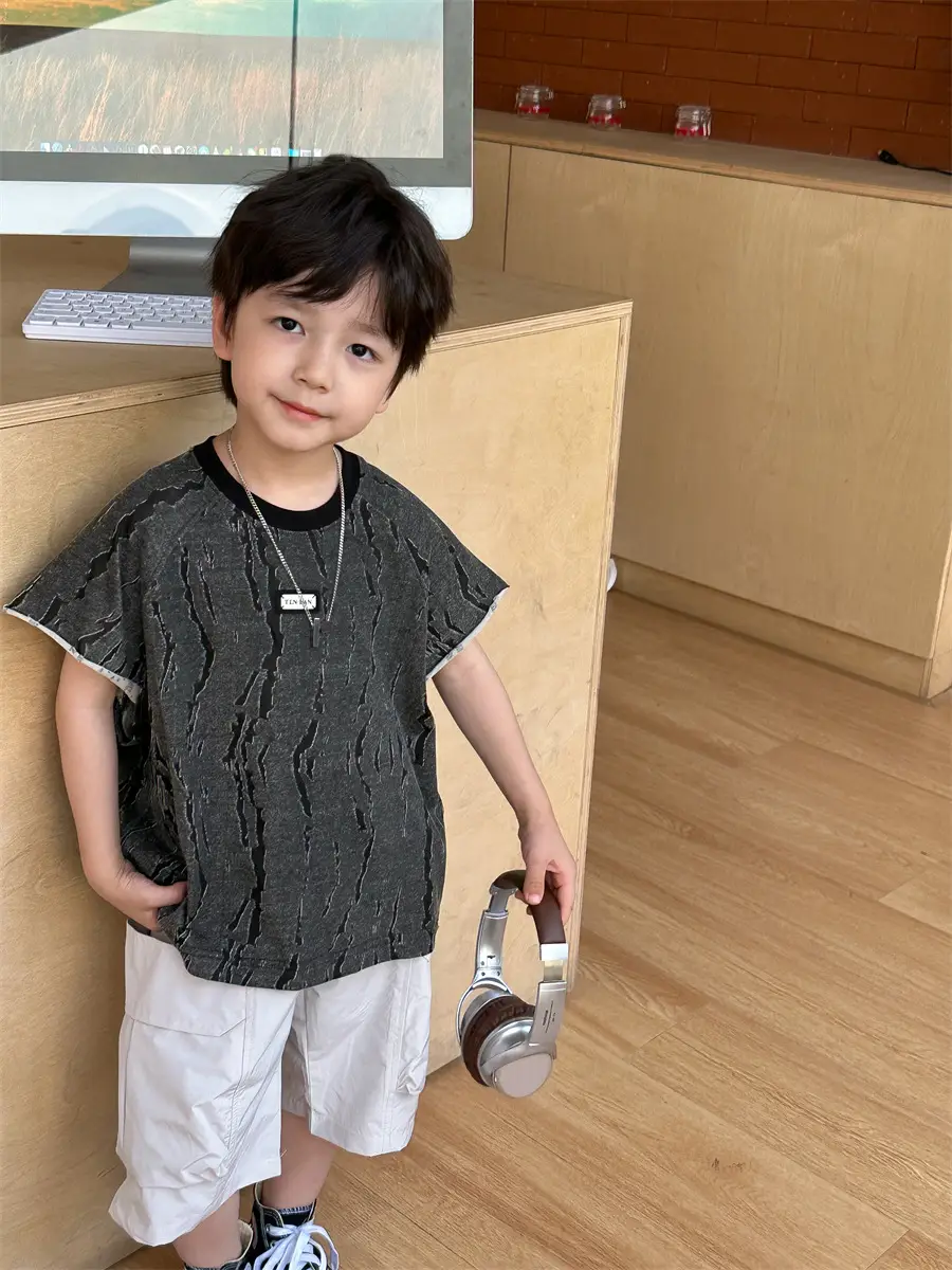 Kids Jacquard T-Shirt Navy Grey Summer Boys — feature 22