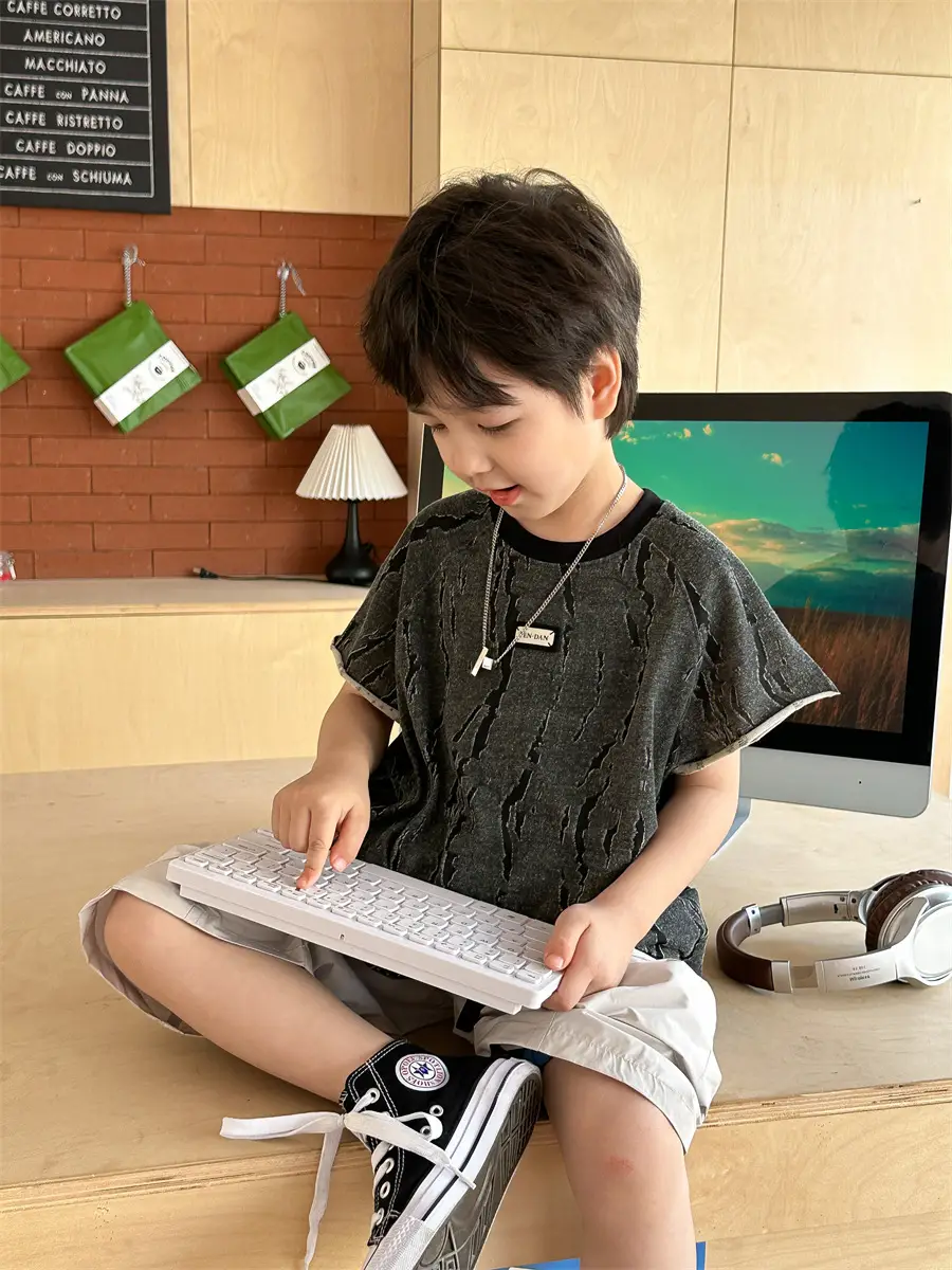 Kids Jacquard T-Shirt Navy Grey Summer Boys — feature 23