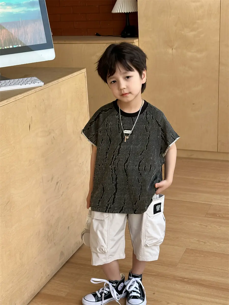 Kids Jacquard T-Shirt Navy Grey Summer Boys — feature 7