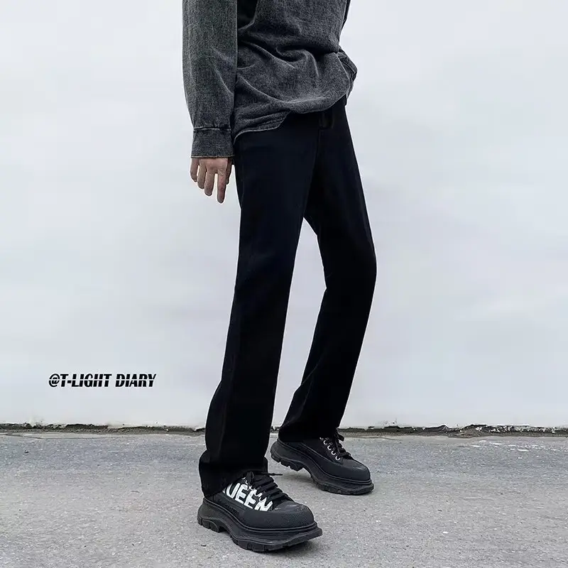 Men's Pure Black Slim Fit Micro-Lar Jeans Autumn