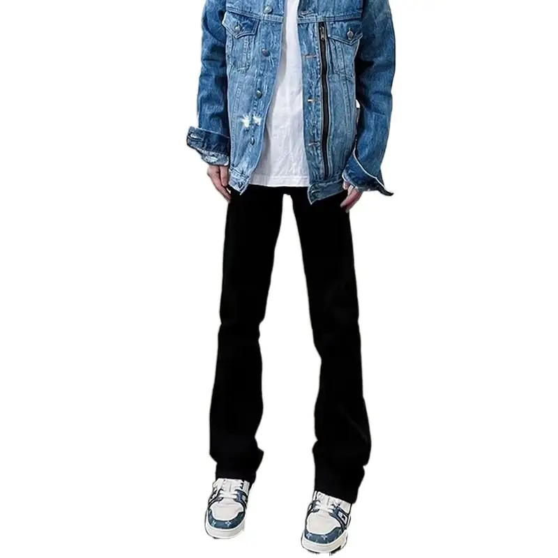 Men's Pure Black Slim Fit Micro-Lar Jeans Autumn