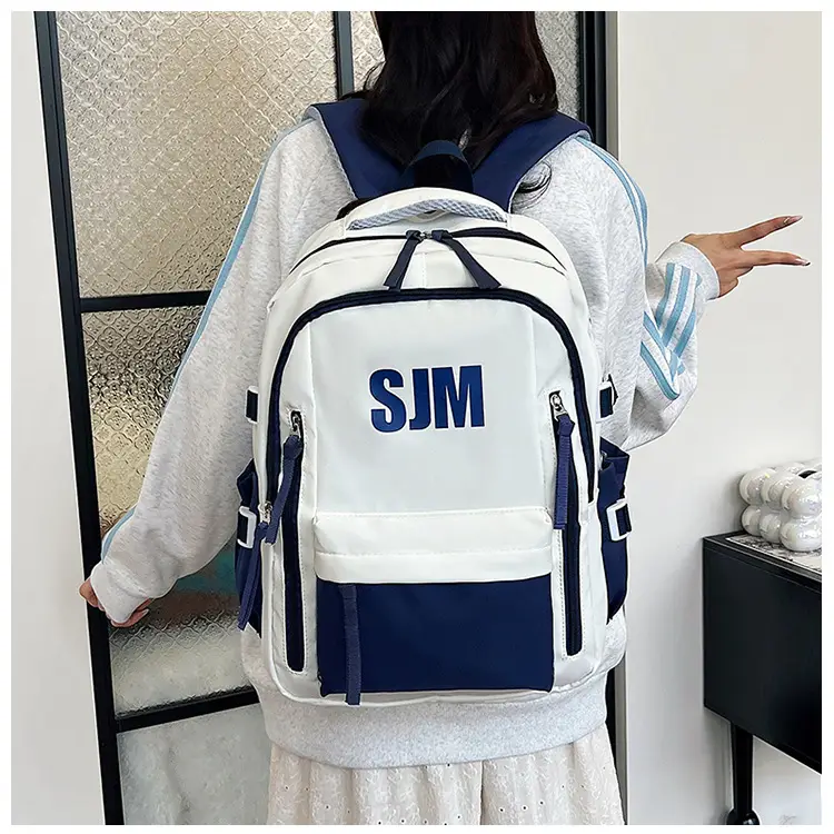 Blue White Student Backpack with "SIM" Print — feature 21