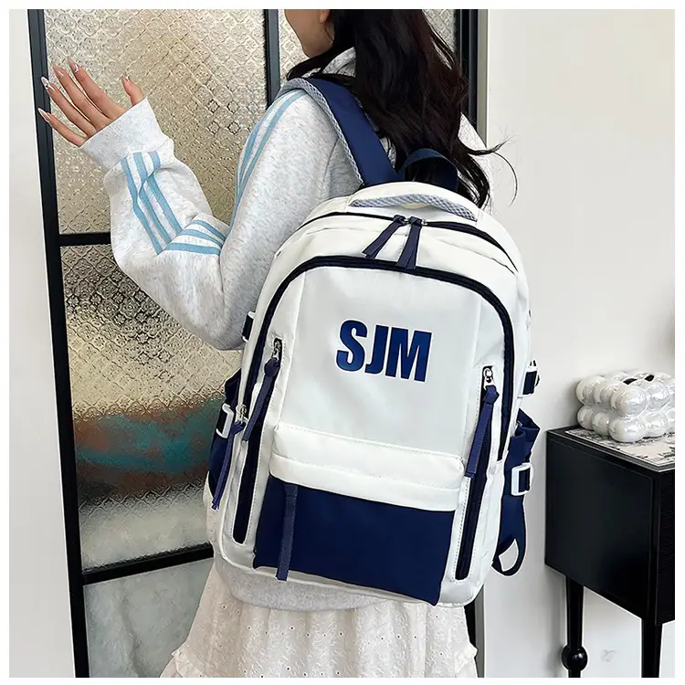 Blue White Student Backpack with "SIM" Print — feature 23