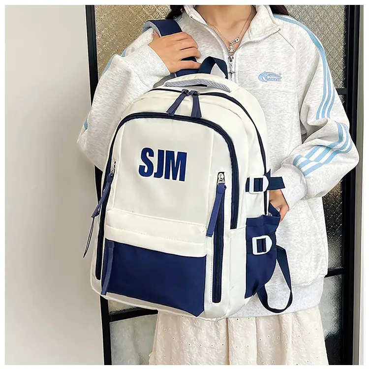 Blue White Student Backpack with "SIM" Print — feature 25