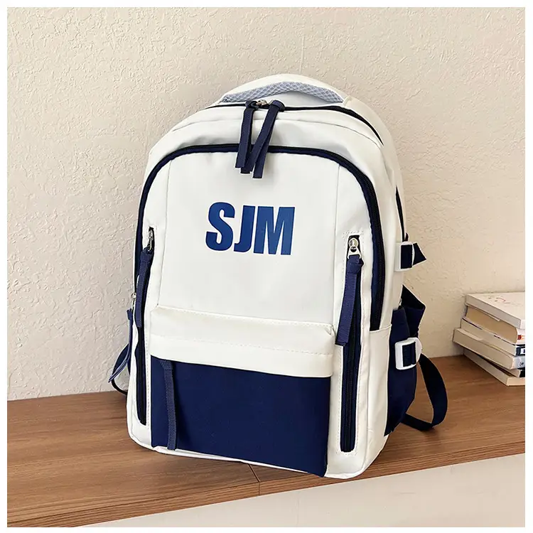 Blue White Student Backpack with "SIM" Print — feature 39