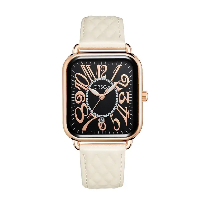 Luminous Rose Gold Couple Watch Square Black Strap