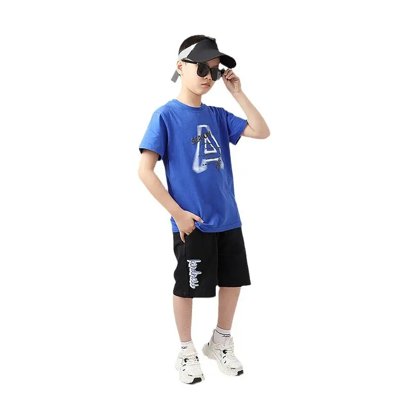 Kids Korean Short Sleeve T-Shirt Shorts Set Black Teal