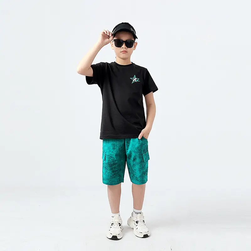 Kids Korean Short Sleeve T-Shirt Shorts Set Black Teal — feature 39