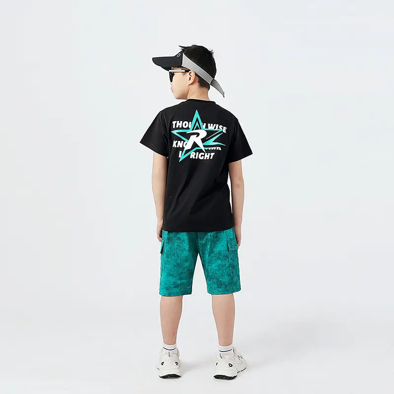 Kids Korean Short Sleeve T-Shirt Shorts Set Black Teal — feature 40