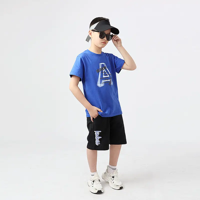 Kids Korean Short Sleeve T-Shirt Shorts Set Black Teal — feature 46