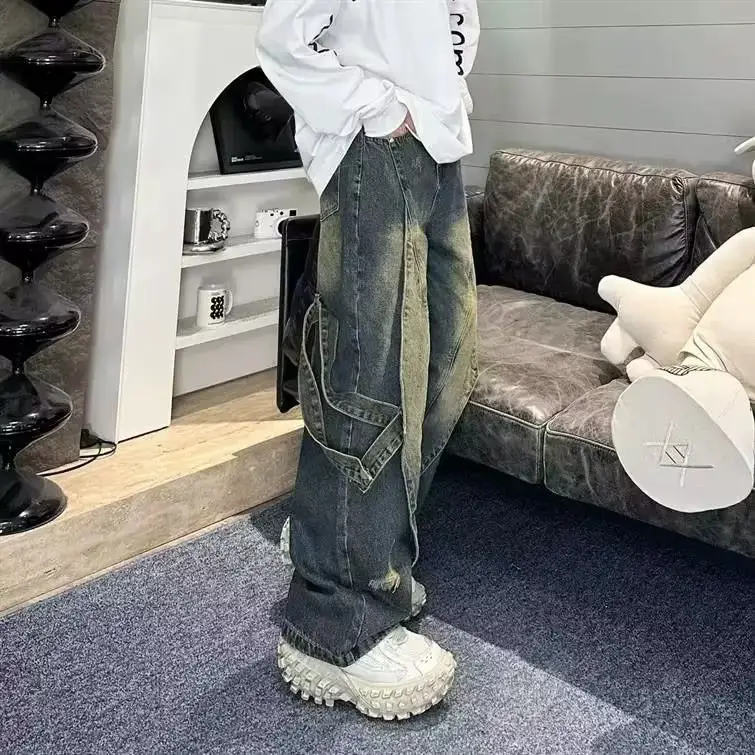 American Style Retro Jeans Wide Leg Stitched Men - Image 5