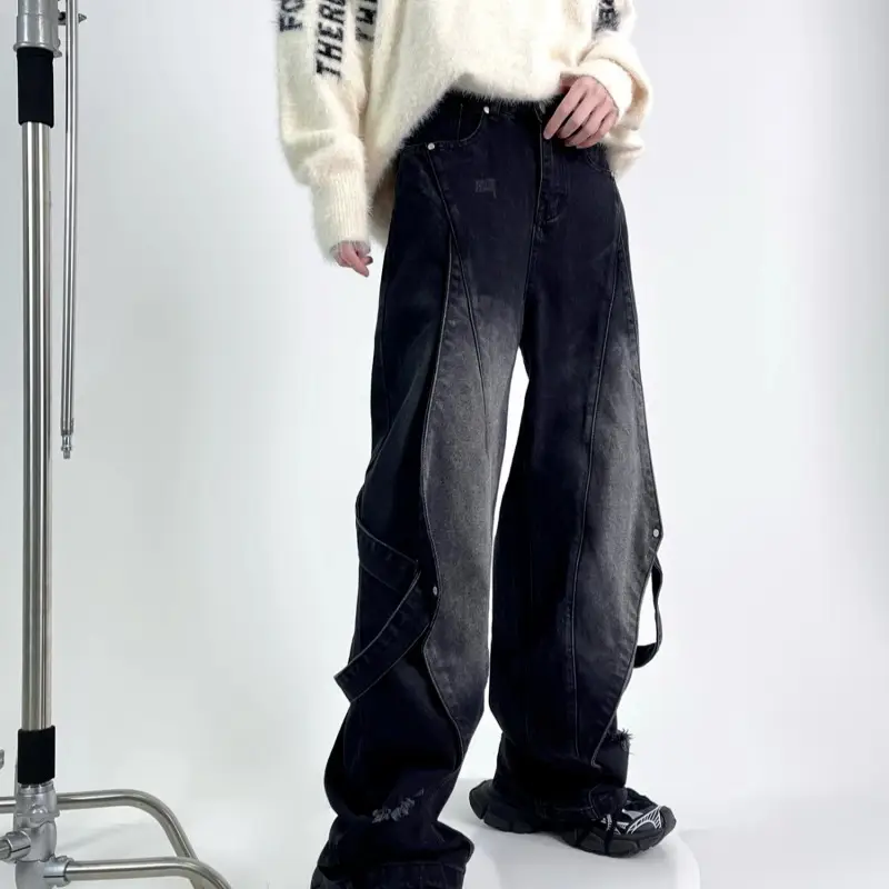 American Style Retro Jeans Wide Leg Stitched Men - Image 2