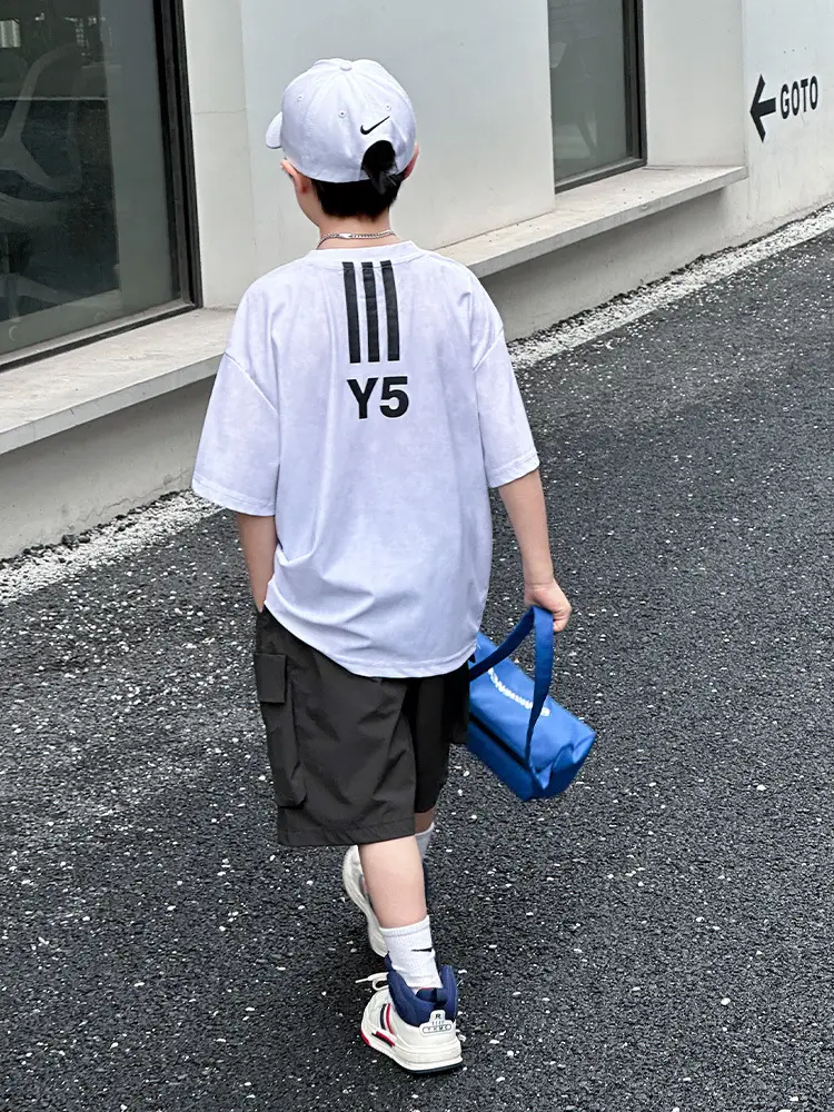 Summer Boys T-shirt Striped Short Sleeve Brown Shorts Set - Image 4