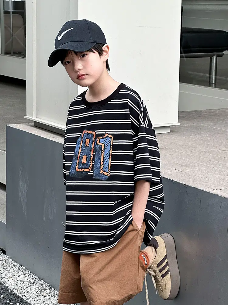 Summer Boys T-shirt Striped Short Sleeve Brown Shorts Set - Image 5