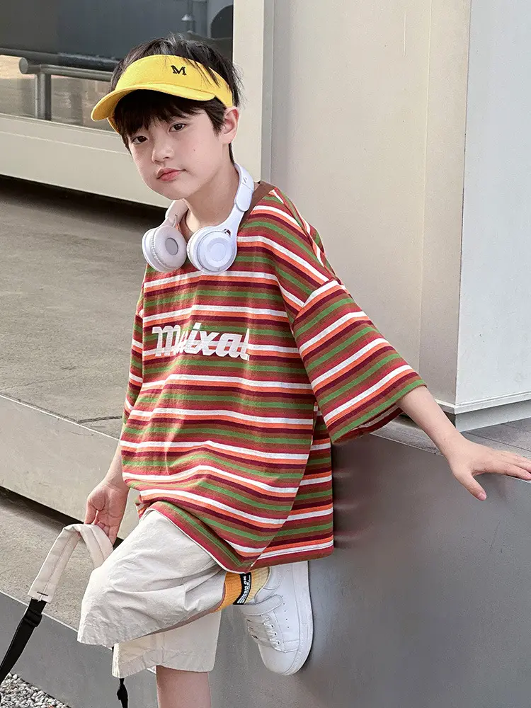 Summer Boys T-shirt Striped Short Sleeve Brown Shorts Set - Image 6