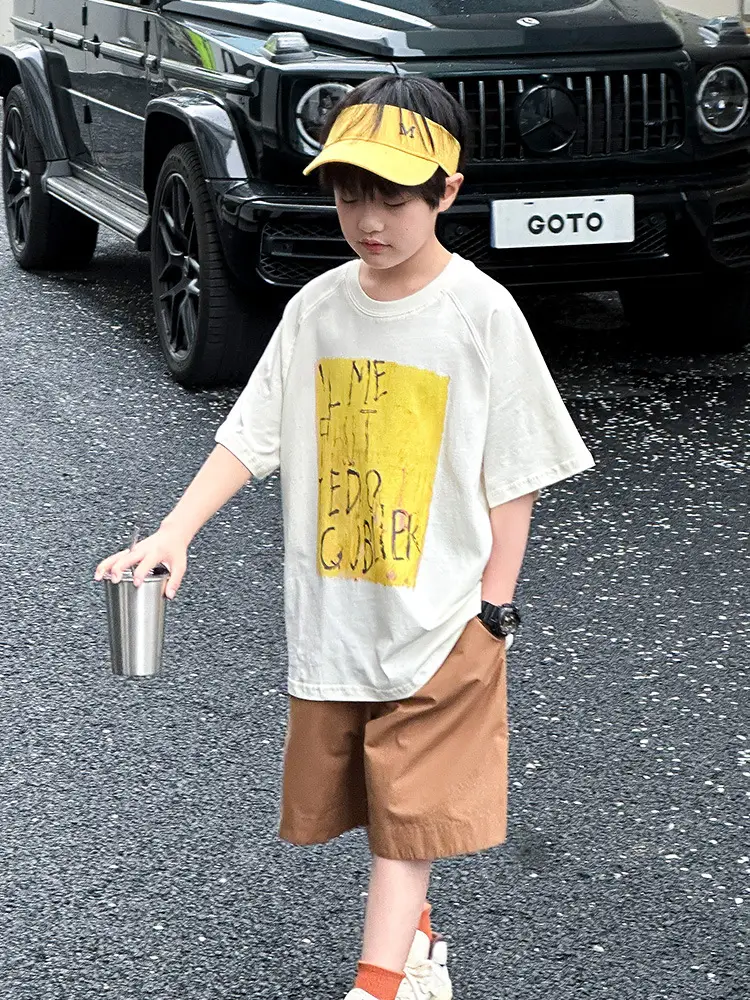 Summer Boys T-shirt Striped Short Sleeve Brown Shorts Set - Image 7