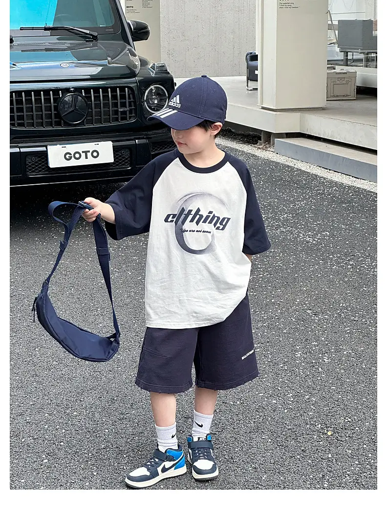 Summer Boys T-shirt Striped Short Sleeve Brown Shorts Set — feature 36