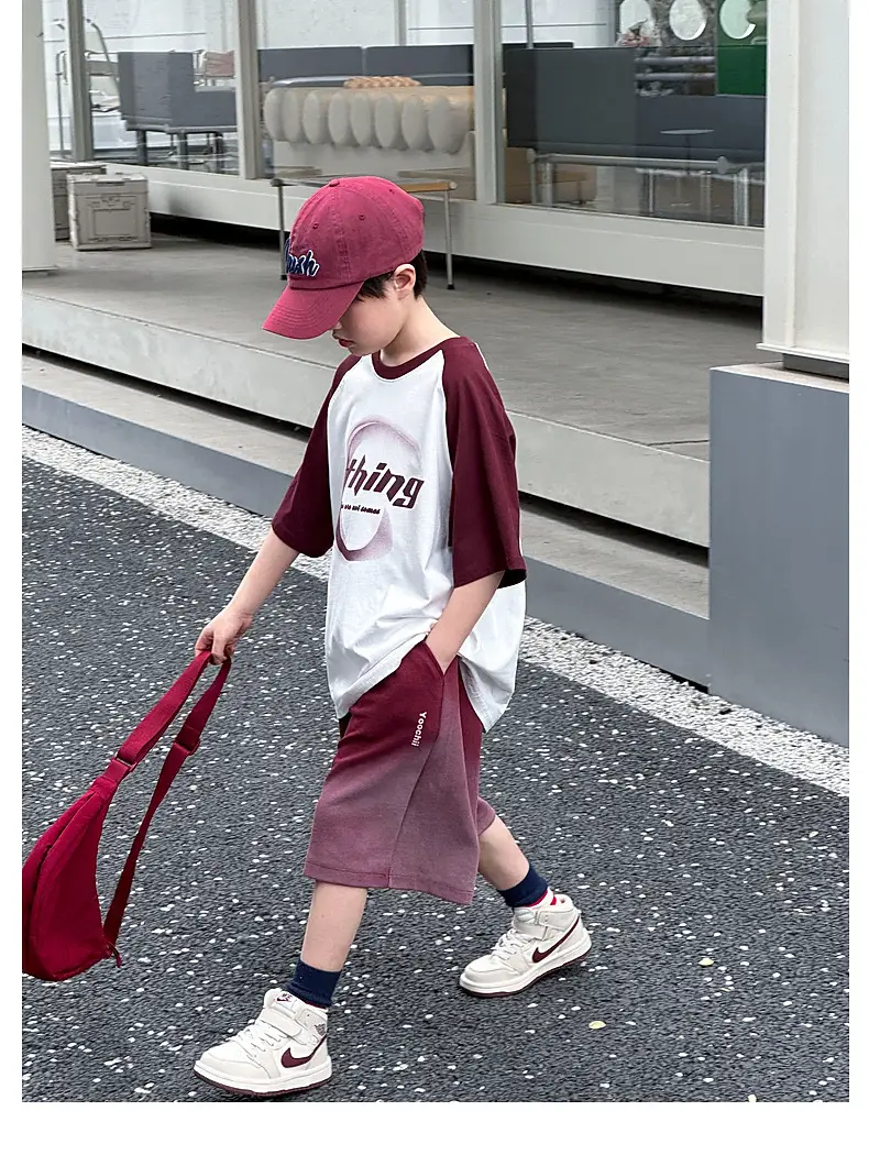 Summer Boys T-shirt Striped Short Sleeve Brown Shorts Set — feature 41
