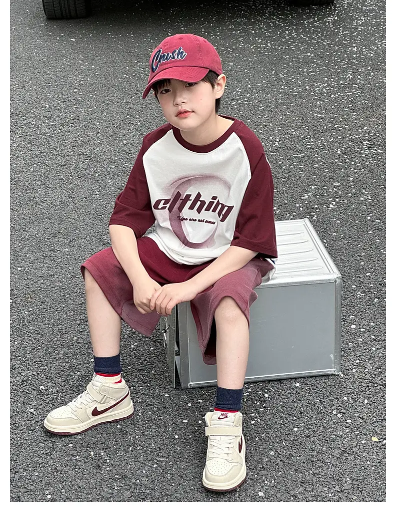 Summer Boys T-shirt Striped Short Sleeve Brown Shorts Set — feature 42