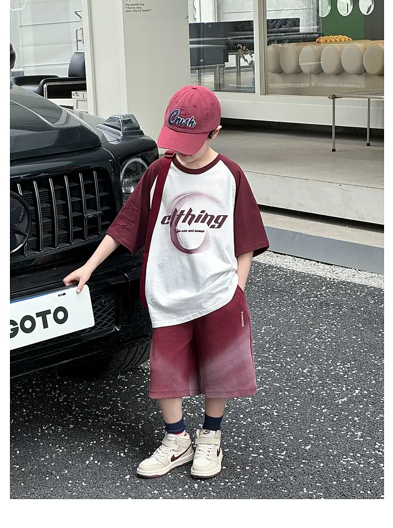 Summer Boys T-shirt Striped Short Sleeve Brown Shorts Set — feature 43