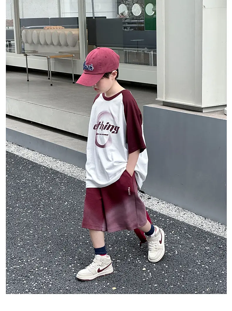 Summer Boys T-shirt Striped Short Sleeve Brown Shorts Set — feature 44