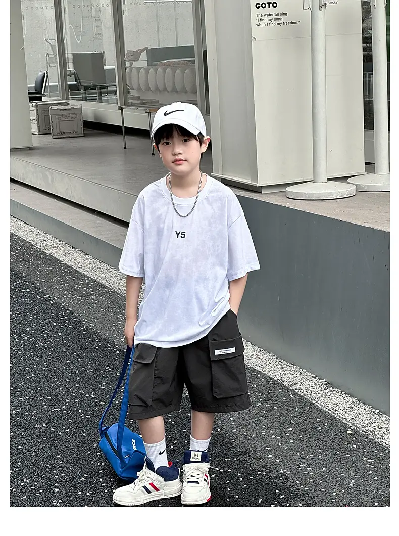 Summer Boys T-shirt Striped Short Sleeve Brown Shorts Set — feature 46