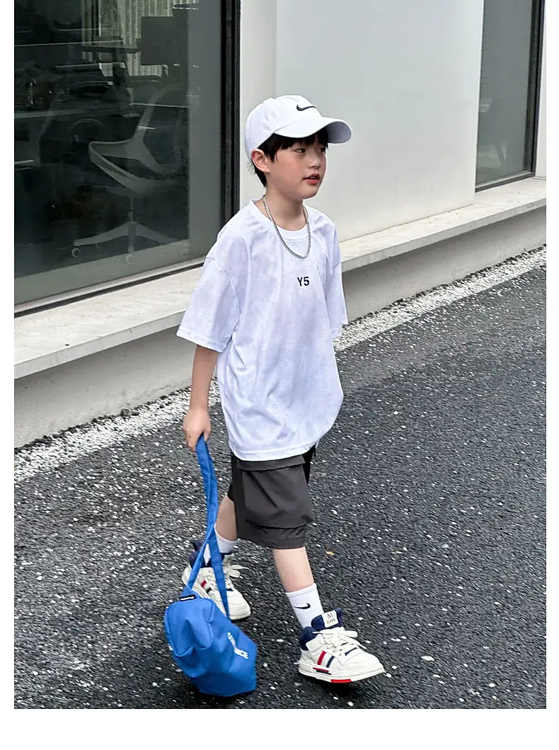 Summer Boys T-shirt Striped Short Sleeve Brown Shorts Set — feature 47