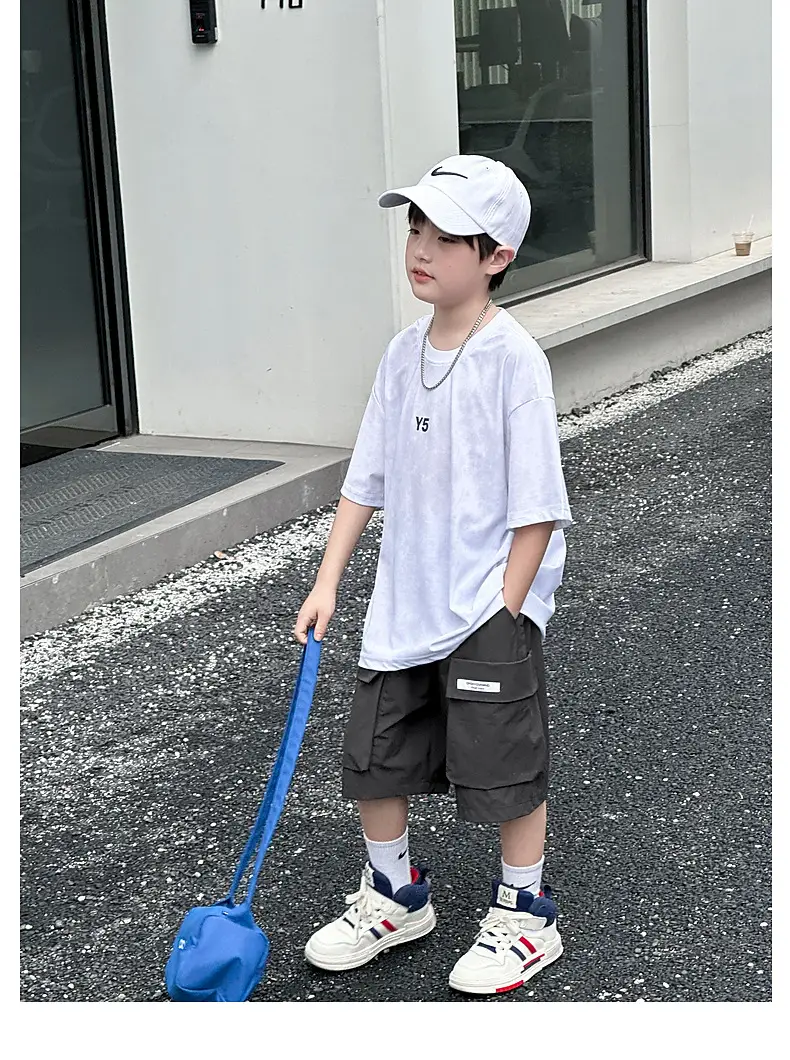 Summer Boys T-shirt Striped Short Sleeve Brown Shorts Set — feature 48